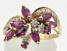 Cargar imagen en el visor de la galería, 2453 Vintage: 14ct Gold Rubies Diamonds Floral Cluster Ring- From 1972
