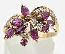 Cargar imagen en el visor de la galería, 2453 Vintage: 14ct Gold Rubies Diamonds Floral Cluster Ring- From 1972
