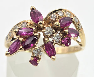 2453 Vintage: 14ct Gold Rubies Diamonds Floral Cluster Ring- From 1972