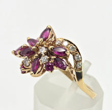 Cargar imagen en el visor de la galería, 2453 Vintage: 14ct Gold Rubies Diamonds Floral Cluster Ring- From 1972
