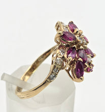 Cargar imagen en el visor de la galería, 2453 Vintage: 14ct Gold Rubies Diamonds Floral Cluster Ring- From 1972
