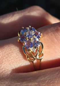 6229 Vintage; 9ct Gold Blue Tanzanites Round Cut Diamonds Dress Ring