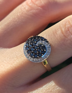 2222 Vintage: 9ct Gold Black & White Natural Diamonds "Swirl" Cocktail Ring