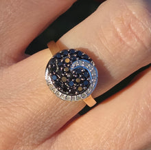 Cargar imagen en el visor de la galería, 2222 Vintage: 9ct Gold Black &amp; White Natural Diamonds &quot;Swirl&quot; Cocktail Ring
