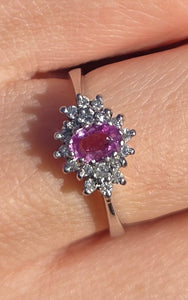 Vintage: 18ct White Gold Pink Sapphire Natural Diamonds Dress Ring