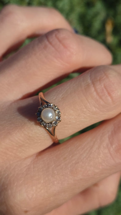 6445 Antique: 9ct Rose Gold Cultured Pearl 11 Natural Diamonds Dress Ring