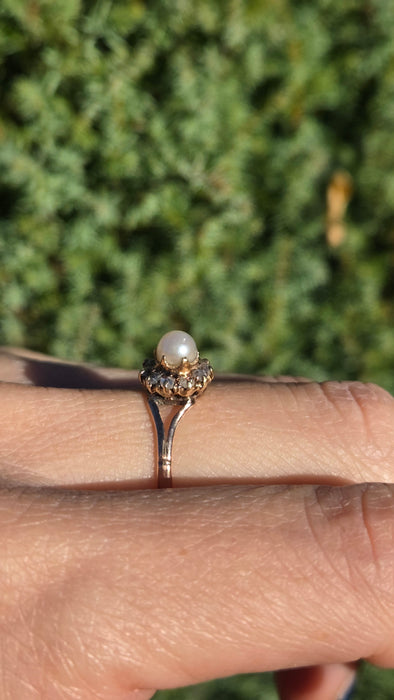 6445 Antique: 9ct Rose Gold Cultured Pearl 11 Natural Diamonds Dress Ring