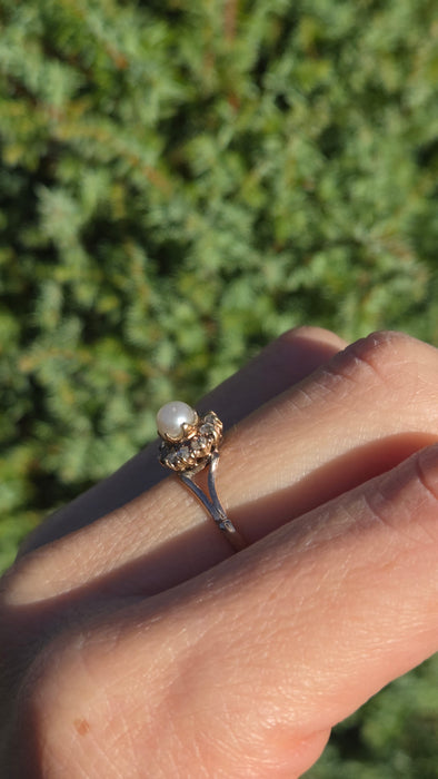 6445 Antique: 9ct Rose Gold Cultured Pearl 11 Natural Diamonds Dress Ring