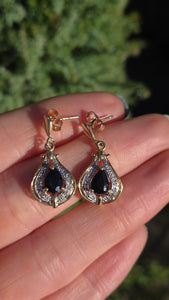 2065: Vintage: 9ct Gold Pear-Cut Blue Sapphires & Diamonds Drop/Dangle Stud Earrings
