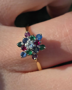 6233 Vintage: 18ct Gold Rubies, Sapphires, Emeralds Diamond "Snowflake" Ring-From 1984