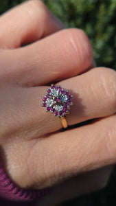 6221 Vintage: 9ct Gold Diamonds Rubies Cluster Ring- From 1985