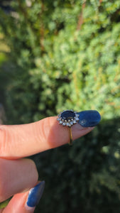 6216 Vintage; 18ct Gold French Blue Sapphire 14 Diamonds Cluster Ring