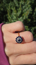 Load image into Gallery viewer, Vintage 18ct Gold 13 Blue Sapphires 8 Natural Diamonds Flower Head ring
