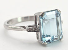 Load image into Gallery viewer, 1867 Vintage: 18ct White Gold Emerald Cut Blue Aquamarine Diamonds Cocktail Ring
