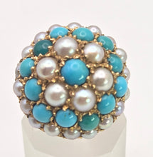 Load image into Gallery viewer, 2472 Vintage: 9ct Gold Turquoise Cultured Pearls &quot;Bombe&quot; Ring- From 1960
