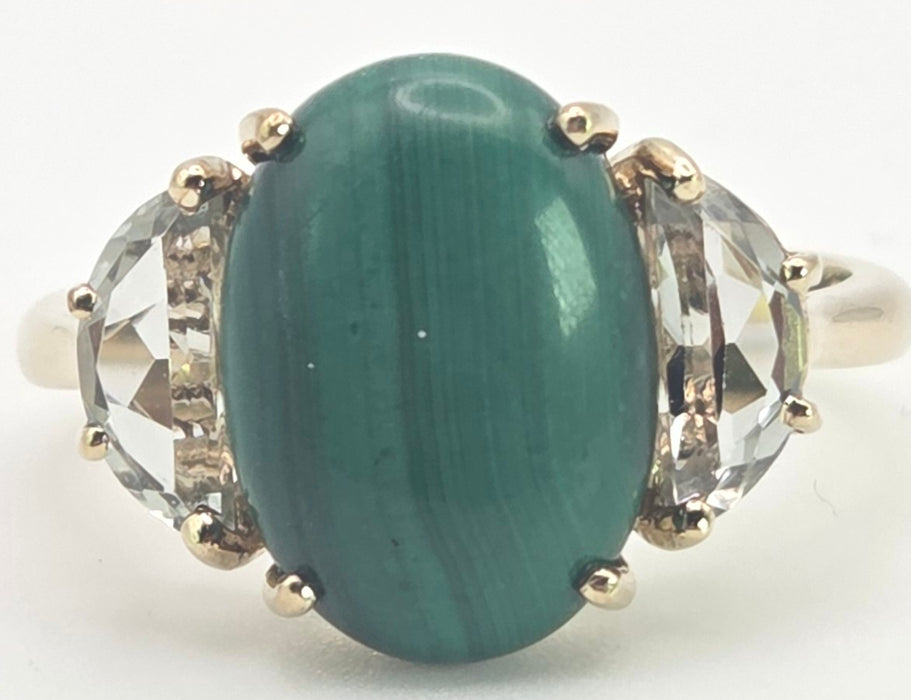 2487 Vintage; 9ct Gold Large Malachite Aquamarines Cocktail Ring