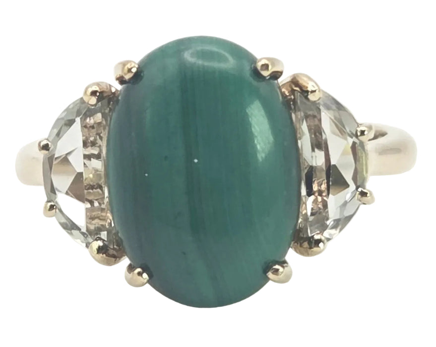 2487 Vintage; 9ct Gold Large Malachite Aquamarines Cocktail Ring