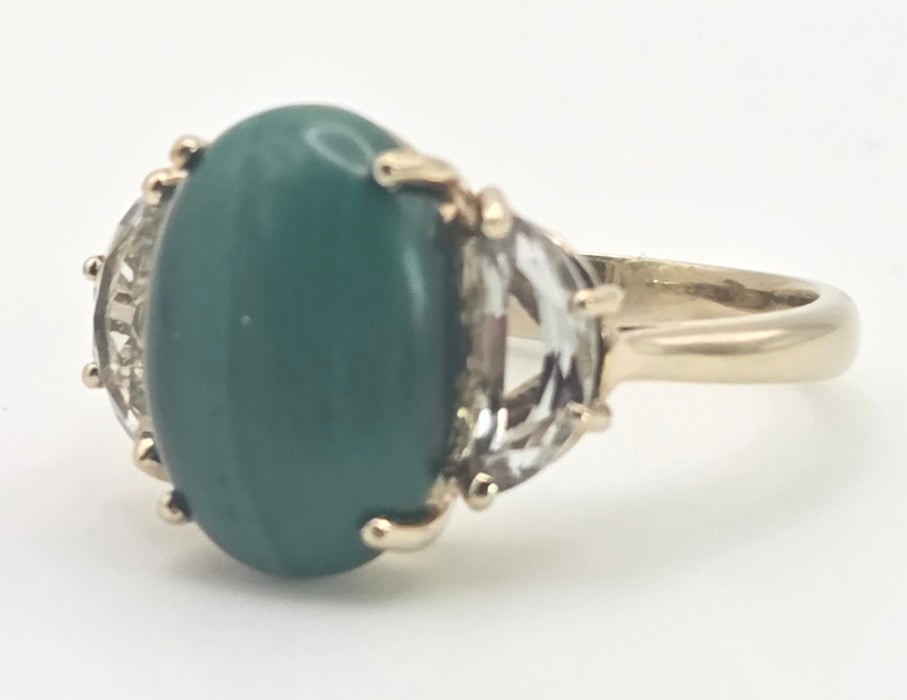 2487 Vintage; 9ct Gold Large Malachite Aquamarines Cocktail Ring