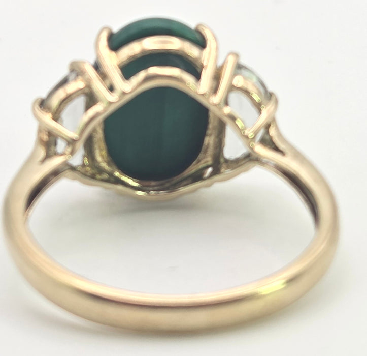 2487 Vintage; 9ct Gold Large Malachite Aquamarines Cocktail Ring