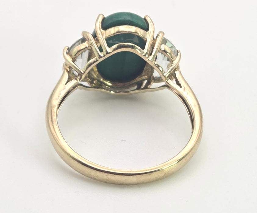 2487 Vintage; 9ct Gold Large Malachite Aquamarines Cocktail Ring