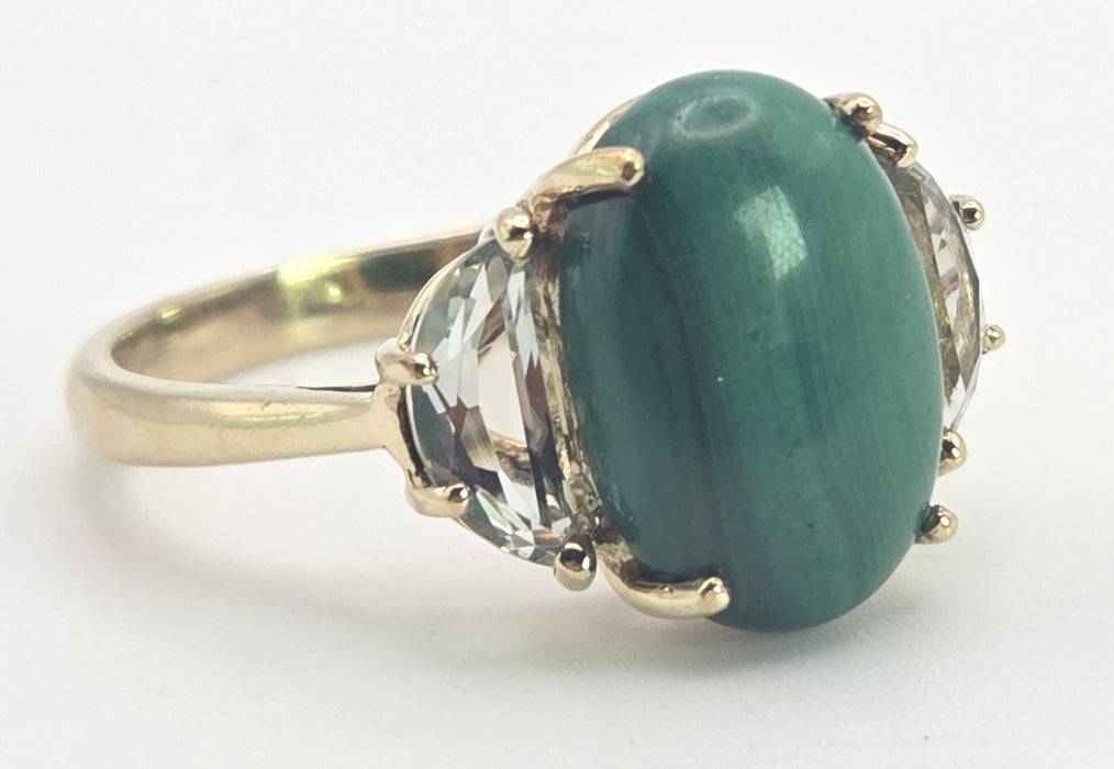 2487 Vintage; 9ct Gold Large Malachite Aquamarines Cocktail Ring
