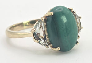 2487 Vintage; 9ct Gold Large Malachite Aquamarines Cocktail Ring