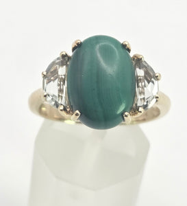 2487 Vintage; 9ct Gold Large Malachite Aquamarines Cocktail Ring
