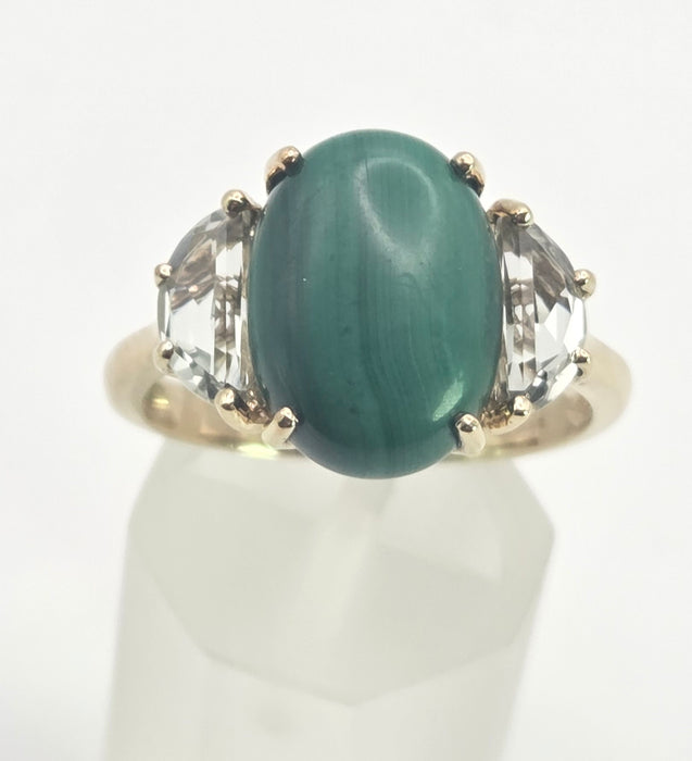 2487 Vintage; 9ct Gold Large Malachite Aquamarines Cocktail Ring