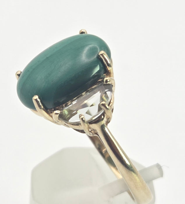 2487 Vintage; 9ct Gold Large Malachite Aquamarines Cocktail Ring