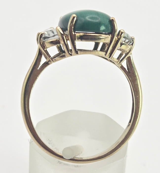 2487 Vintage; 9ct Gold Large Malachite Aquamarines Cocktail Ring