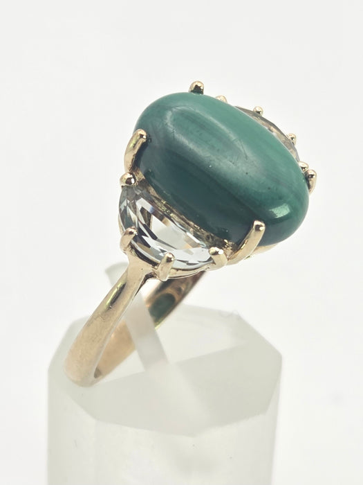 2487 Vintage; 9ct Gold Large Malachite Aquamarines Cocktail Ring