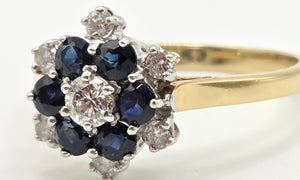 2445 Vintage: 18ct French Blue Sapphires Natural Sparkling Diamonds Flower Head Ring