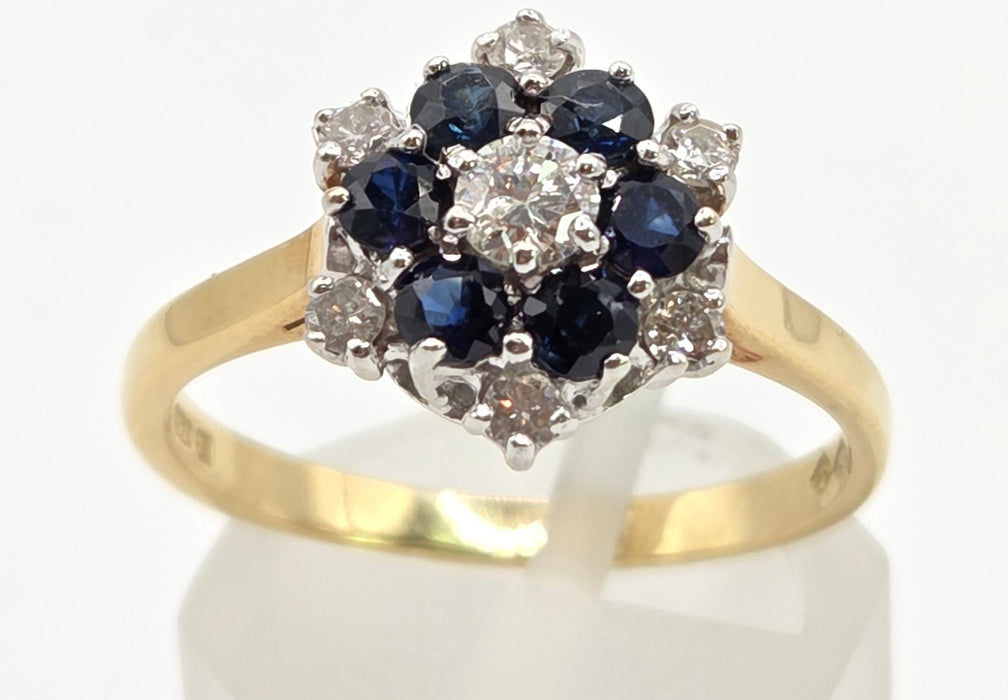 2445 Vintage: 18ct French Blue Sapphires Natural Sparkling Diamonds Flower Head Ring