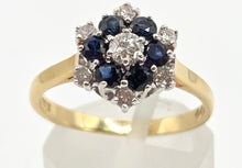 Load image into Gallery viewer, 2445 Vintage: 18ct French Blue Sapphires Natural Sparkling Diamonds Flower Head Ring
