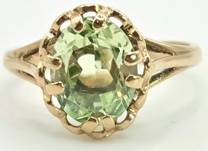 2453 Vintage: 9ct Gold Faceted Cut Mint Green Amethyst Ring- From 1975
