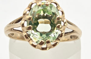 2453 Vintage: 9ct Gold Faceted Cut Mint Green Amethyst Ring- From 1975