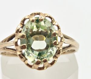 2453 Vintage: 9ct Gold Faceted Cut Mint Green Amethyst Ring- From 1975