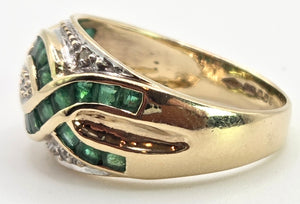 2455 Vintage: 9ct Gold Art Deco Style Emeralds Diamonds Dress Ring