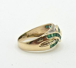 2455 Vintage: 9ct Gold Art Deco Style Emeralds Diamonds Dress Ring
