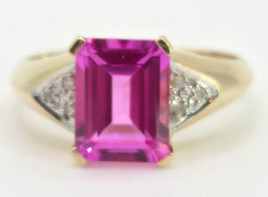 2500 Vintage: 14ct Gold Emerald Cut Pink Sapphire Natural Diamonds Ring
