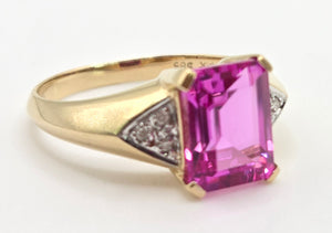 2500 Vintage: 14ct Gold Emerald Cut Pink Sapphire Natural Diamonds Ring