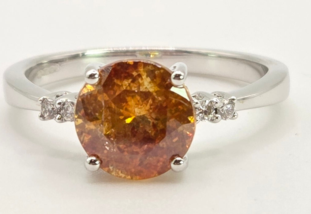 2494 Vintage: 14ct White Gold Round Cut Orange Zircon Natural Diamonds Ring
