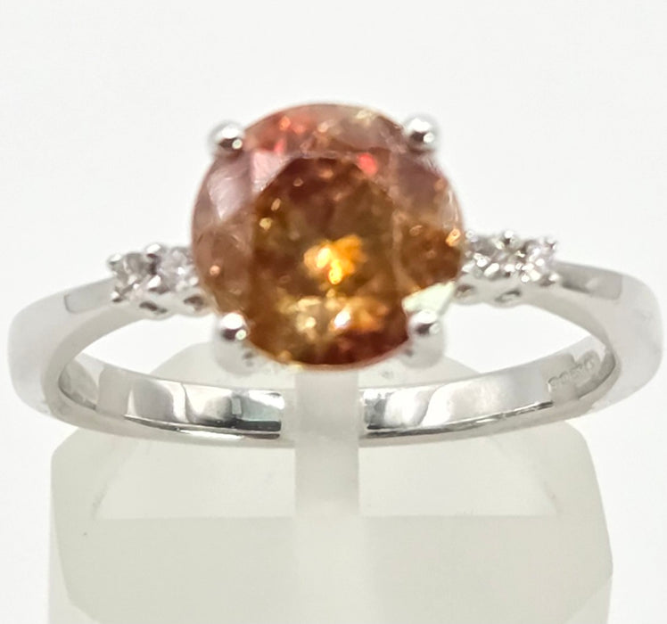 2494 Vintage: 14ct White Gold Round Cut Orange Zircon Natural Diamonds Ring