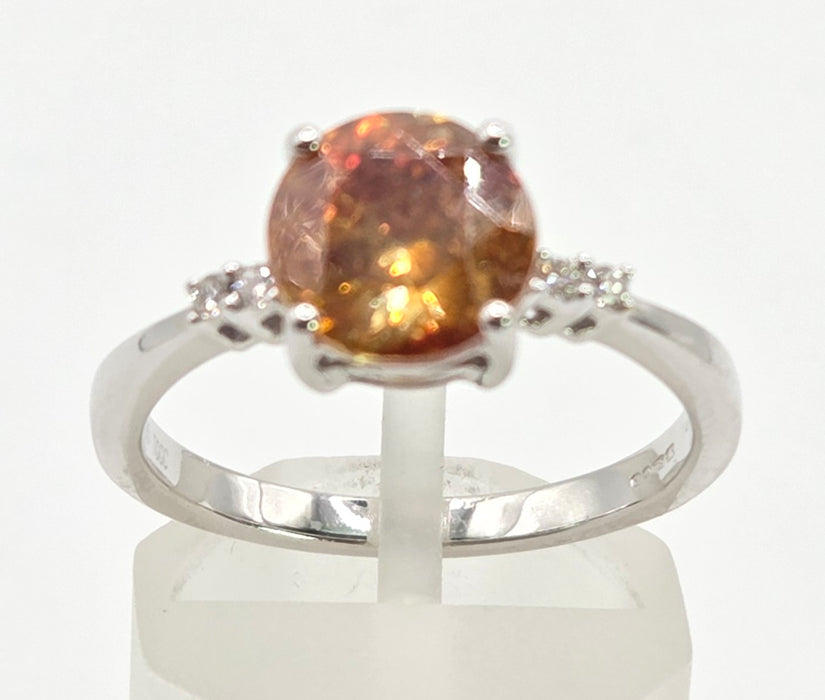 2494 Vintage: 14ct White Gold Round Cut Orange Zircon Natural Diamonds Ring