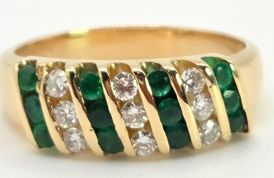 Vintage: 18ct Gold Emerald & Diamond Seven Row Half Hoop Ring