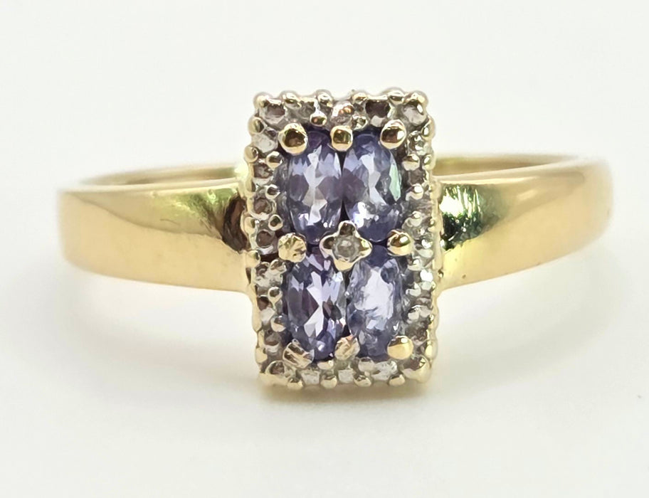 6366 Vintage: 9ct Yellow Gold Tanzanite & Diamond Geometric Ring
