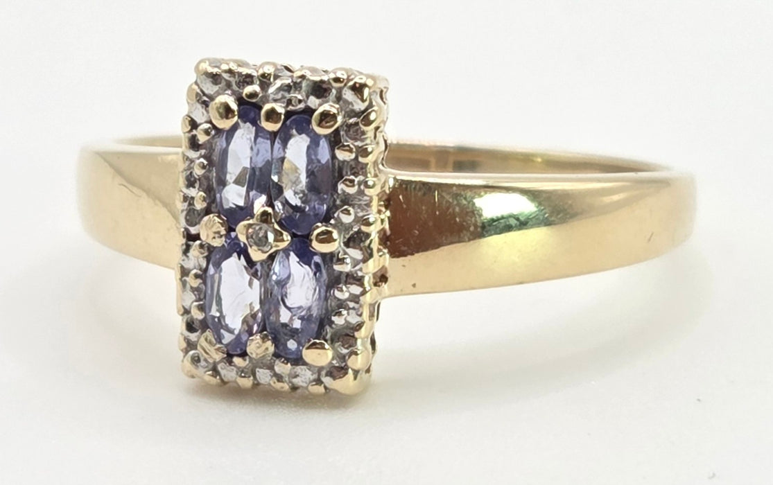 6366 Vintage: 9ct Yellow Gold Tanzanite & Diamond Geometric Ring
