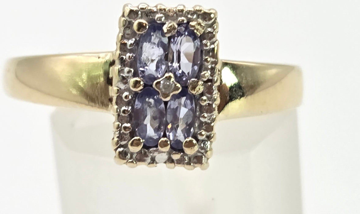 6366 Vintage: 9ct Yellow Gold Tanzanite & Diamond Geometric Ring