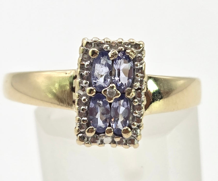 6366 Vintage: 9ct Yellow Gold Tanzanite & Diamond Geometric Ring