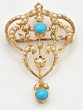 Load image into Gallery viewer, 1461 Antique: 15ct Gold Turquoise Seed Pearls Pendant
